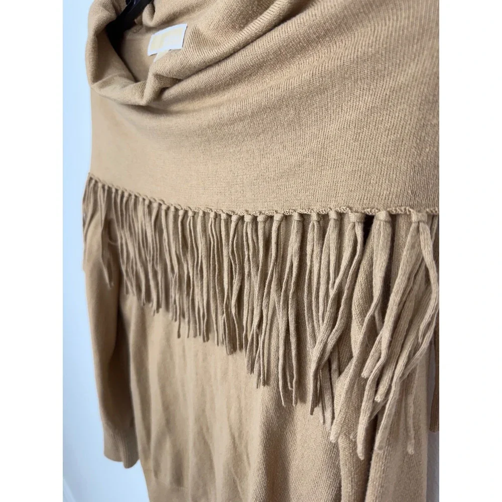 Michael Kors Womens Camel Tan Cowl Neck Fringe Trim Angora Blend Sweater Small